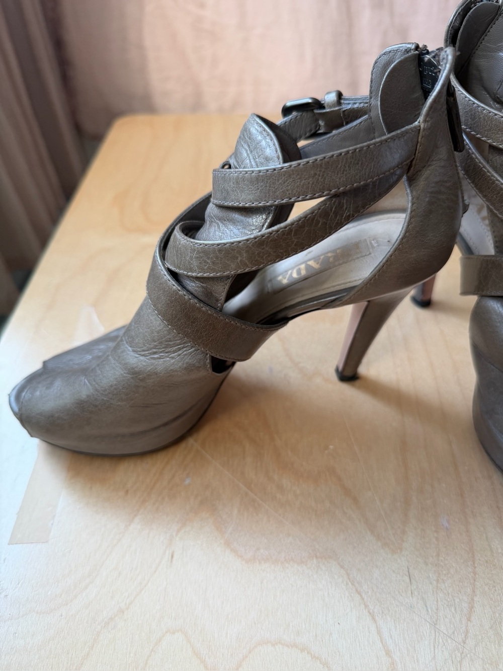 PRADA Taupe Strappy High Heel Sandals - Designer Style